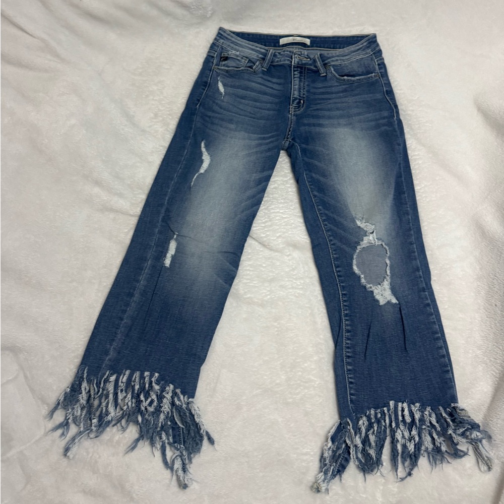 KanCan Frayed Hem Flare Jeans in Blue